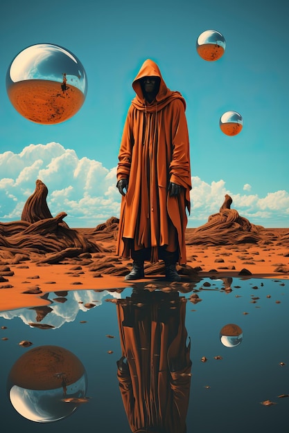 un uomo in abito in piedi in un deserto