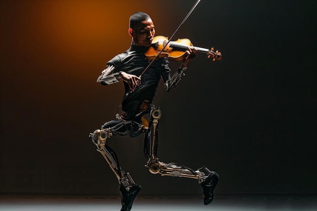 Un uomo in abito nero che suona il violino L'uomo indossa un abito scheletro e ha gambe robotiche