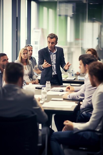 un uomo in abito parla a un gruppo di persone