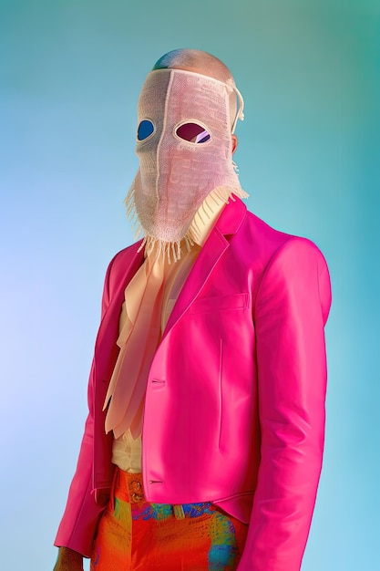 Un uomo in abito rosa con una giacca rosa e una giacca rosa con una maschera sul viso.