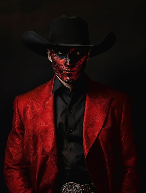 Un uomo in abito rosso e cappello nero con la faccia rossa e il cappello da cowboy nero.