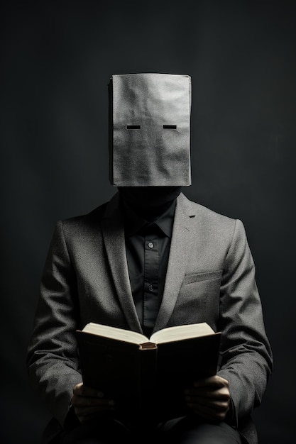 Un uomo in abito scuro con un libro e una borsa sulla testa