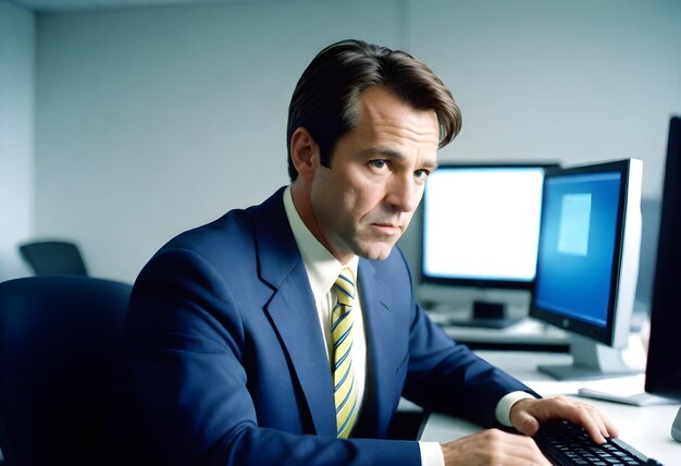 un uomo in abito si siede davanti a un computer con tre monitor dietro di lui