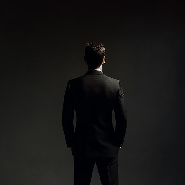 un uomo in abito si trova di fronte a uno sfondo nero.