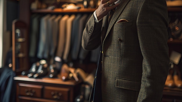 Un uomo in abito si trova in un armadietto di lusso si sta guardando allo specchio e si sta aggiustando la cravatta