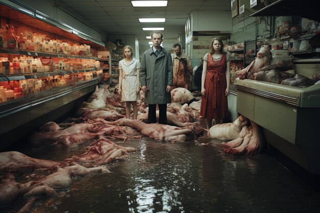 un uomo in abito si trova in un negozio con maiali morti sul pavimento