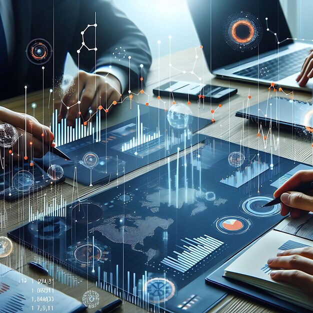 un uomo in abito sta lavorando su un computer con un grafico in cima