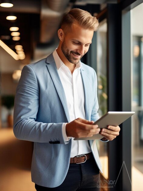 un uomo in abito sta usando un tablet con una sua foto