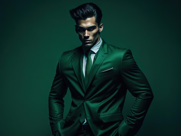 Un uomo in abito verde con camicia bianca e cravatta si trova su uno sfondo verde.