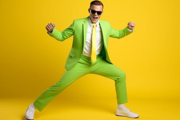 un uomo in abito verde e cravatta gialla