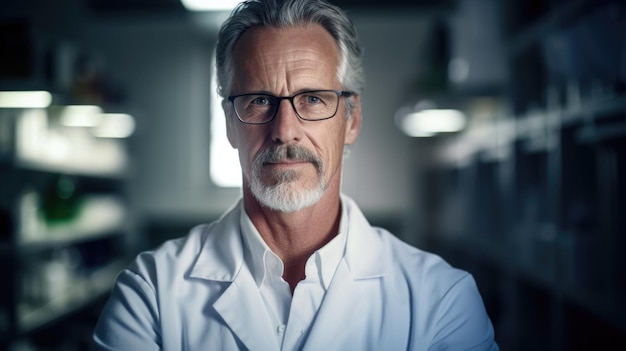 Un uomo in accappatoio da laboratorio sta posando per una foto