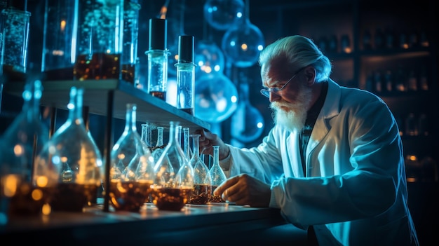 Un uomo in accappatoio ispeziona attentamente la vetreria in un laboratorio scientifico