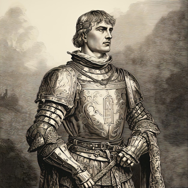 un uomo in armatura in piedi con una spada