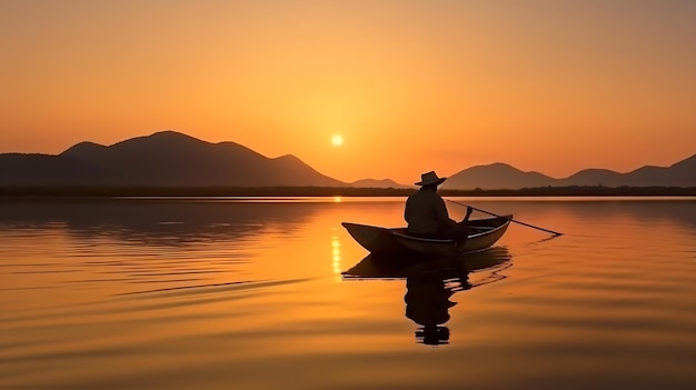 Un uomo in barca su un lago al tramonto