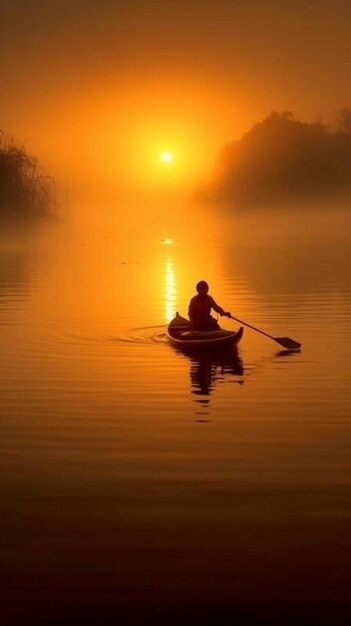 Un uomo in barca su un lago al tramonto