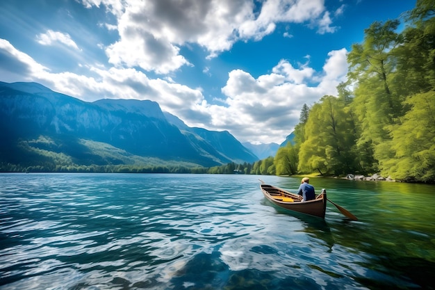 Un uomo in barca su un lago con le montagne sullo sfondo