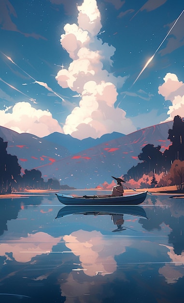 Un uomo in barca su un lago con un cielo pieno di stelle.