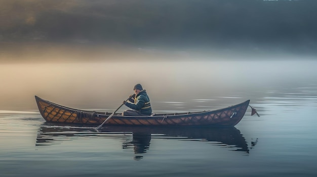 Un uomo in barca su un lago nebbioso