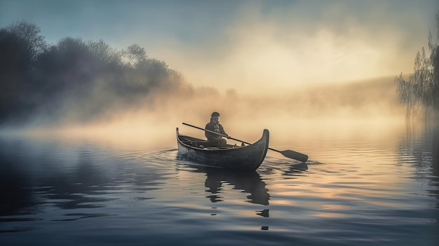 Un uomo in barca su un lago nebbioso