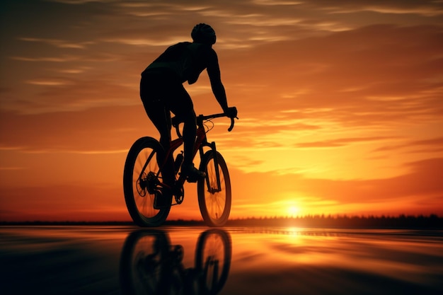 un uomo in bicicletta su una strada al tramonto sullo sfondo sfocato