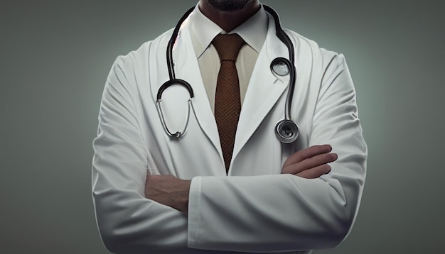Un uomo in camice bianco da laboratorio con uno stetoscopio sul collo