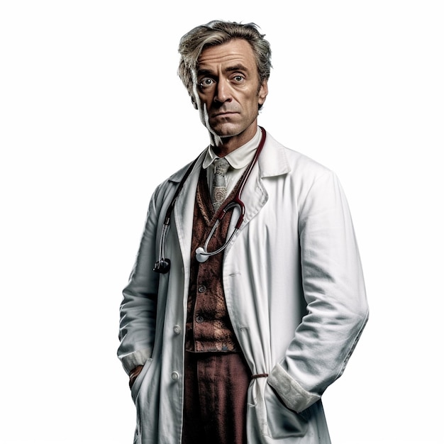 Un uomo in camice bianco da laboratorio con uno stetoscopio sul collo.