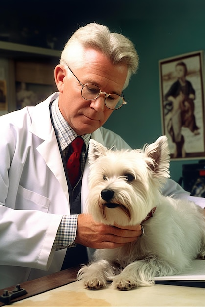 Un uomo in camice da laboratorio che tiene in mano un'immagine ai generativa di un cane bianco