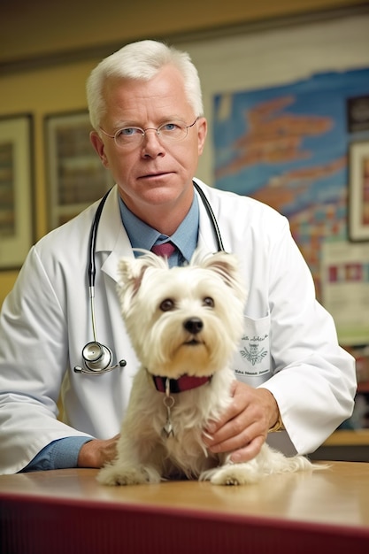 Un uomo in camice da laboratorio seduto a una scrivania con un'immagine ai generativa di un cane