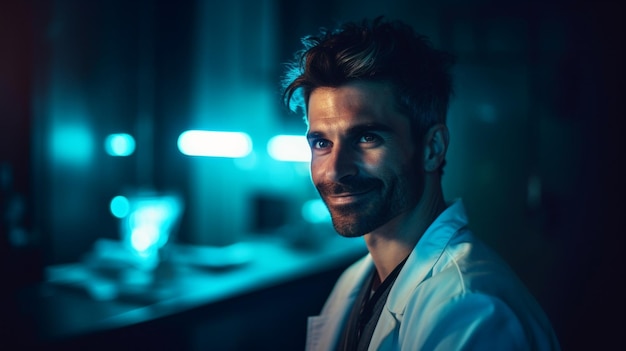 Un uomo in camice da laboratorio sorride alla telecamera.