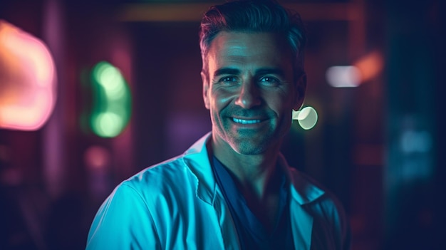 Un uomo in camice da laboratorio sorride alla telecamera.