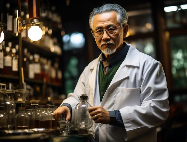 Un uomo in camice da laboratorio tiene in mano una bottiglia di liquido.