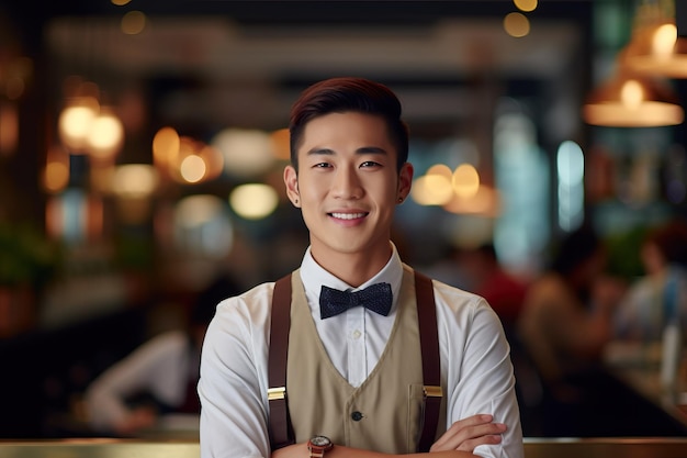 Un uomo in camicia bianca e papillon si trova in un ristorante con le braccia incrociate.