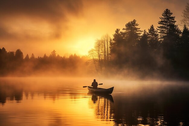 Un uomo in canoa al tramonto sereno su un lago nebbioso al crepuscolo