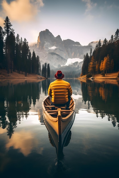 Un uomo in canoa sul lago Braies