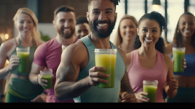 Un uomo in canottiera tiene in mano un bicchiere di frullato verde con sopra la parola verde.