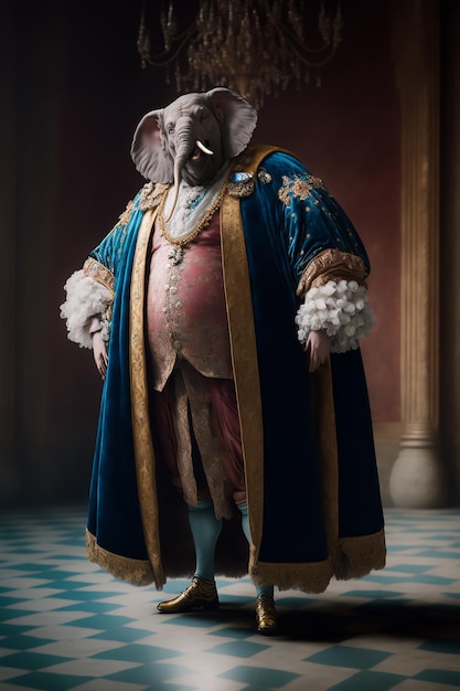 Un uomo in costume blu con un grande cappotto blu con un bottone d'oro che dice "elefante".