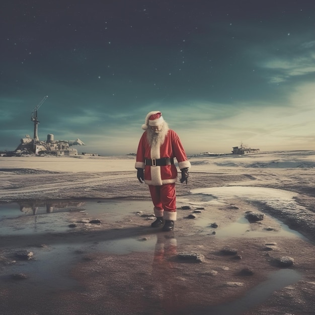 Un uomo in costume da Babbo Natale si trova in una pozzanghera con un edificio sullo sfondo