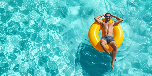 Un uomo in costume da bagno che si rilassa su un anello gonfiabile giallo che galleggia nell'acqua blu turchese