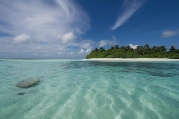 Un uomo in costume da bagno nuota nelle limpide acque di un'isola tropicale.