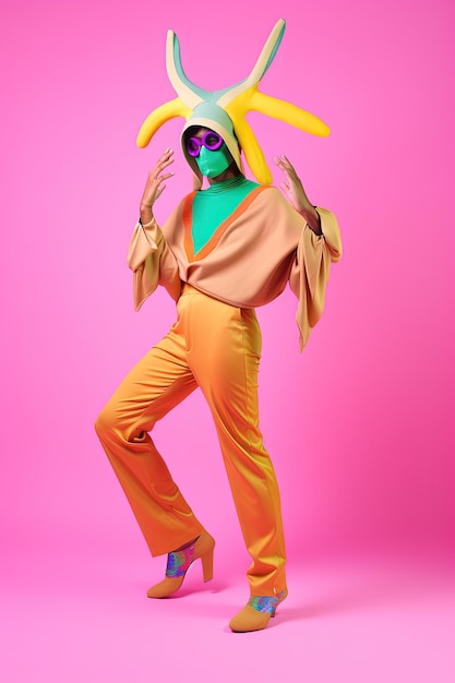 Un uomo in costume da banana indossa uno sfondo rosa.