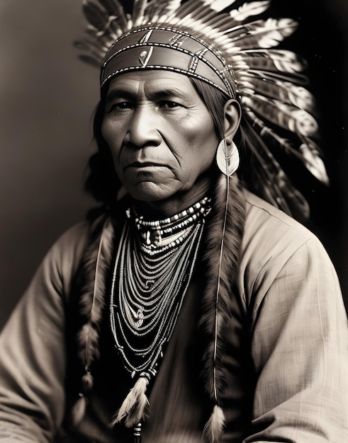 Un uomo in costume da nativo americano con un copricapo piumato.