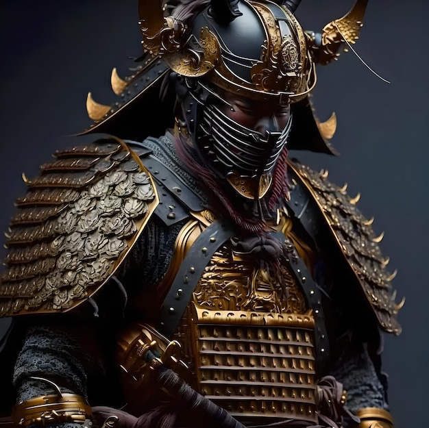 Un uomo in costume da samurai con corna e casco