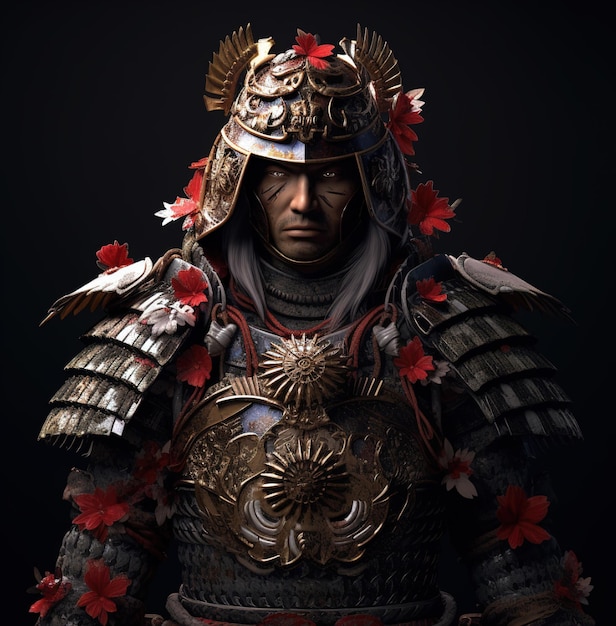 Un uomo in costume da samurai con fiori rossi sulla testa.