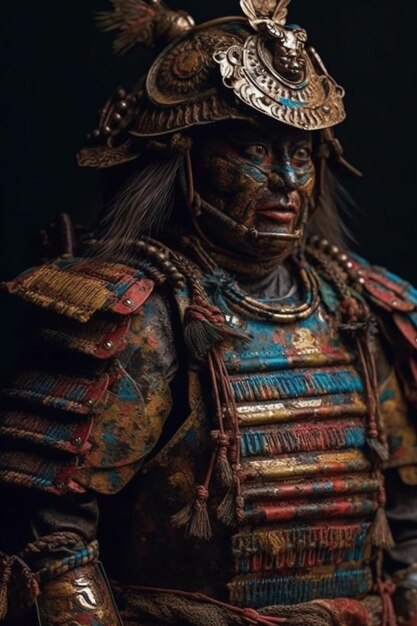 Un uomo in costume da samurai con un elmetto con su scritto samurai.