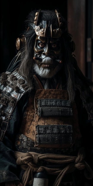 Un uomo in costume da samurai con una sigaretta in bocca