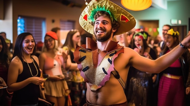 Un uomo in costume messicano sta ballando davanti a un bar.