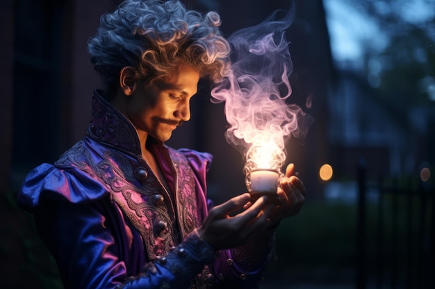 un uomo in costume viola con in mano una candela accesa