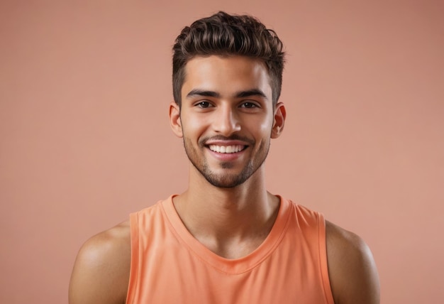 Un uomo in forma con un sorriso luminoso indossa una maglietta arancione che suggerisce uno stile di vita energico e sano