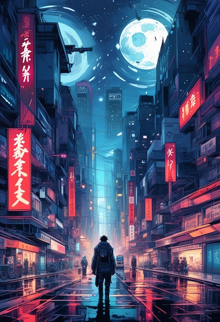 Un uomo in giacca e cravatta cammina lungo una strada in una città cyberpunk.