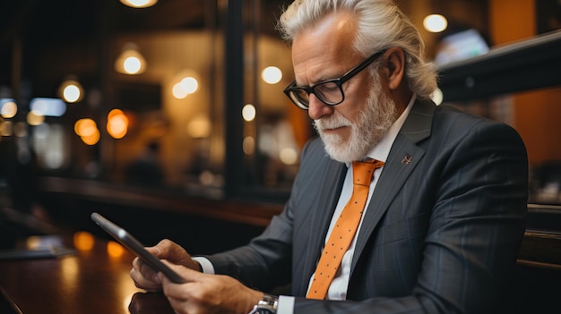 Un uomo in giacca e cravatta che guarda un tablet